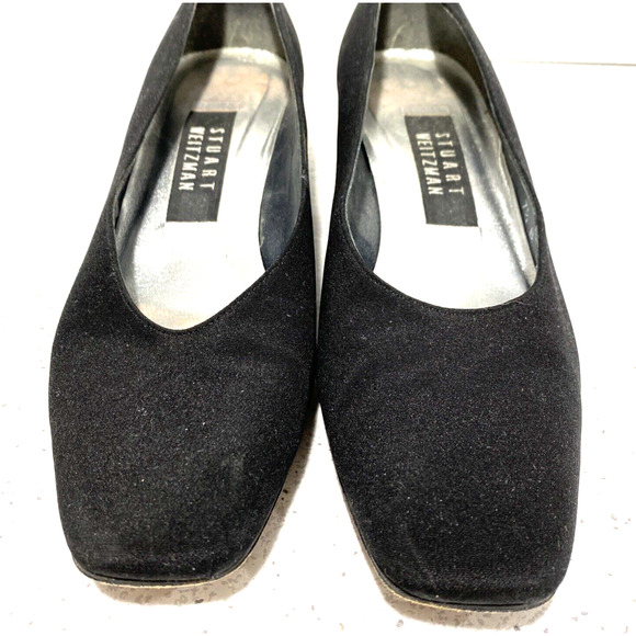 Stuart Weitzman dressy black satin pumps shoe rhinestone cover block heels 7.5 B - Picture 10 of 10
